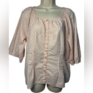 A.n.a Women's Pink Gold Metallic Button Down Eyelet Blouse SZ L